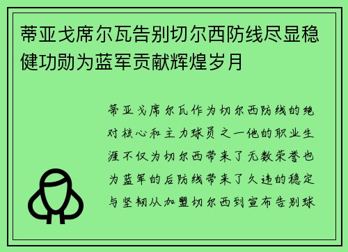 蒂亚戈席尔瓦告别切尔西防线尽显稳健功勋为蓝军贡献辉煌岁月