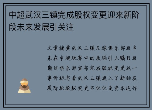 中超武汉三镇完成股权变更迎来新阶段未来发展引关注