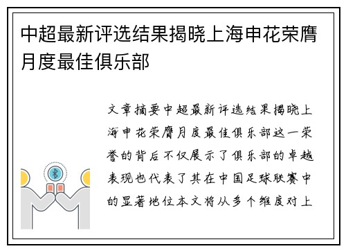 中超最新评选结果揭晓上海申花荣膺月度最佳俱乐部