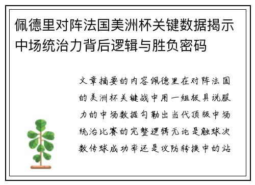佩德里对阵法国美洲杯关键数据揭示中场统治力背后逻辑与胜负密码
